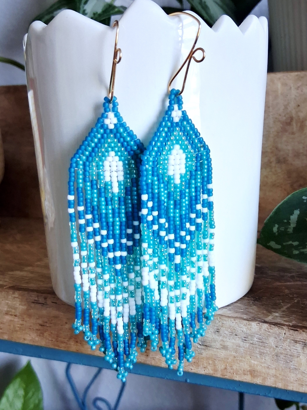 Blue and White Beaded Fringe Earrings, Handcrafted Jewelry